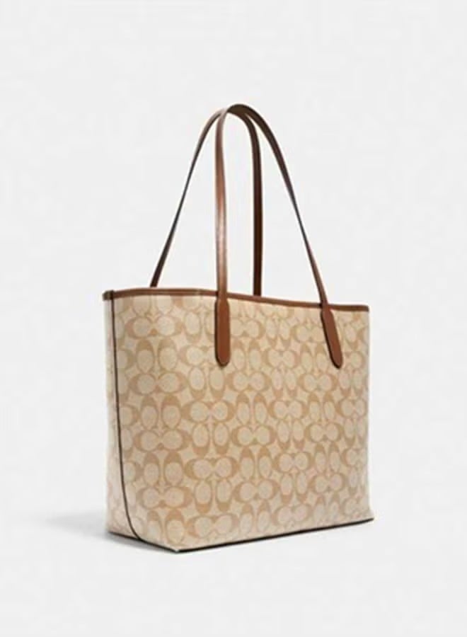 كوتش اوت ليت حقيبة توت كوتش سيتي من قماش سيجنيتشر، حقيبة كتف نسائية، حقيبة تسوق نسائية، حقيبة يد نسائية، حقيبة سفر نسائية، 33 سم - كاكي - بني - Image 4